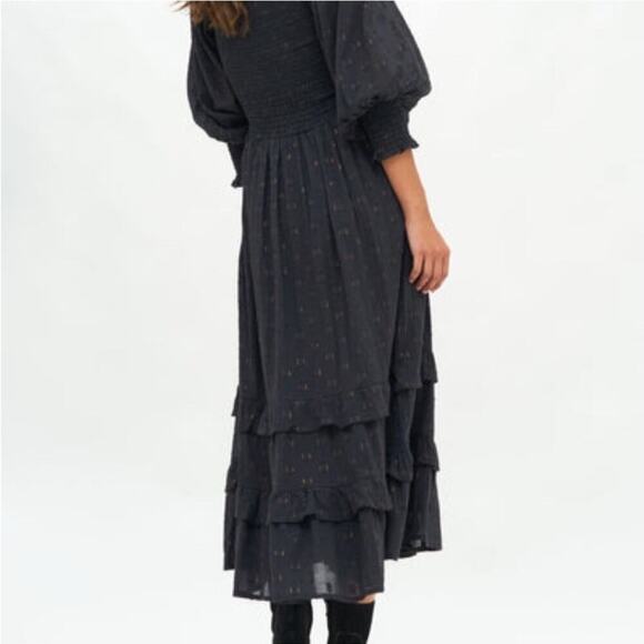 Oliphant Smocked Top Ruffle Tiered Midi Length Dress Midnight Black Gold Small - Picture 11 of 15